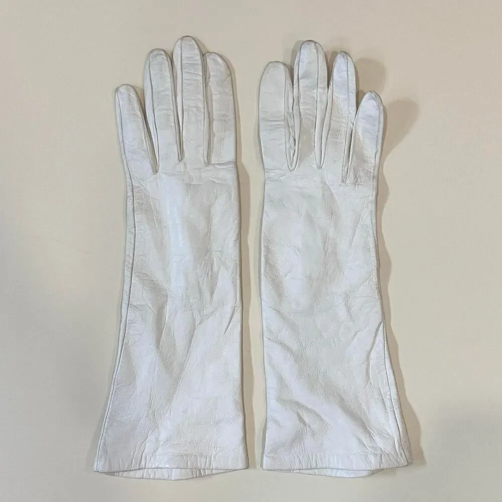 1950s vtg Neusteters made in France white leather & silk evening opera gloves